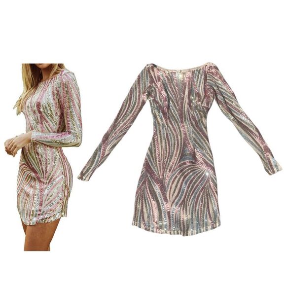 Selfie Leslie Karma Long Sleeve Keyhole Back Pink & Gold Sequin Dress Size XS - Picture 1 of 13